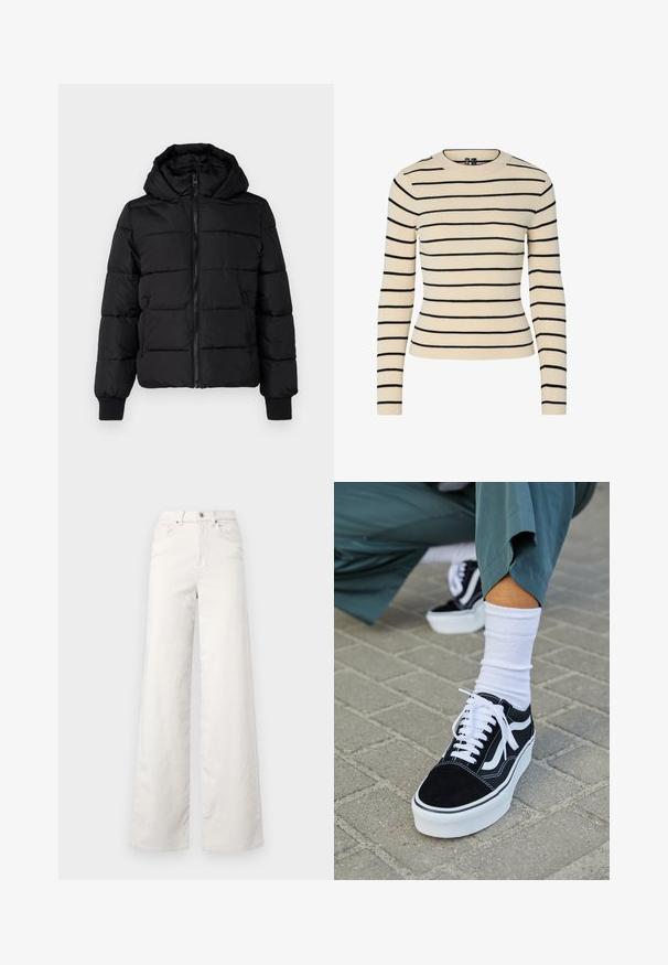 Schwarze gepolsterte Jacke mit Kapuze, Reißverschluss vorne und elastischen Bündchen. Glattes Gewebe mit gesteppten Abschnitten; zwei Seitentaschen für Stauraum.; Cremfarbener, gerippter Pullover mit schwarzen horizontalen Streifen, rundem Halsausschnitt und langen Ärmeln. Verfügt über ein figurbetontes Design und eine nahtlose Textur.; ONLY Tall ONLHOPE GLOBAL HIGH WAIST WIDE - Stoffhose - pumice stone; Schwarze Wildledersneaker mit weißen Akzenten und Schnürsenkeln, ausgestattet mit einer dicken weißen Sohle und kontrastierenden Nähten, kombiniert mit einer weißen Socke.