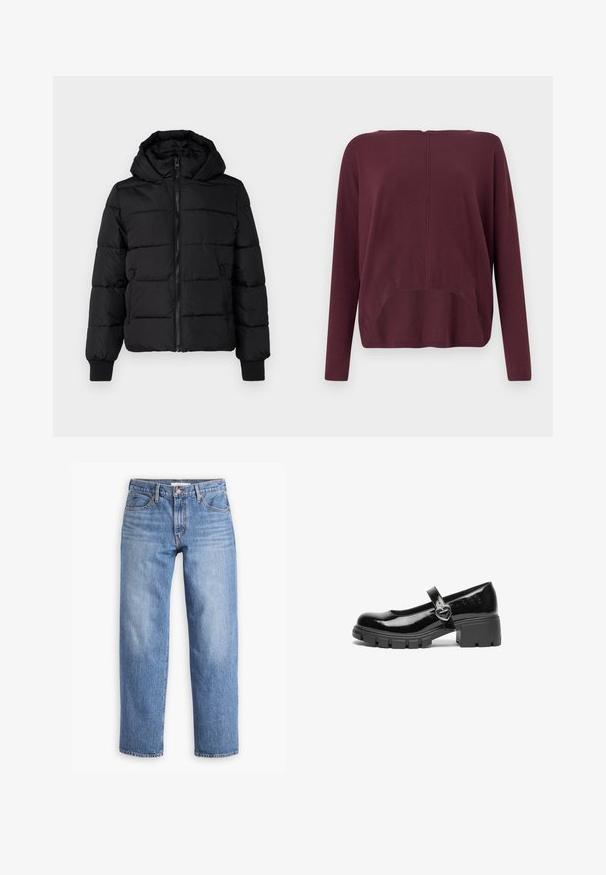 Sort polstret jakke med hætte, lynlås foran og elastiske manchetter. Glat stof med quiltede sektioner; to sidelommer til opbevaring.; Vero Moda Knitted VMBREEZE Knitted - Striktrøje - winetasting; Lyseblå denimjeans med lige pasform, fem lommer og lynlåsgylf. Stoffet har en klassisk tekstureret overflade med let falming.; Sort patentlæder Mary Jane sko med en kraftig hæl, rund tå og en rem med detajler i form af en hjerteformet spænde.