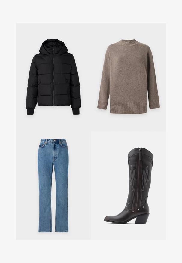 Sort polstret jakke med hætte, lynlås foran og elastiske manchetter. Glat stof med quiltede sektioner; to sidelommer til opbevaring.; ONLY Knitted ONLHAZEL Knitted - Striktrøje - brown lentil; Lyseblå denim jeans med høj talje, lige ben og et klassisk fem-lomme design. Har metalknap og nitter.; Brune læder cowboystøvler med flammebroderi, sidelukning med lynlås, sølvnitter, spids snude og lagdelt hæl.