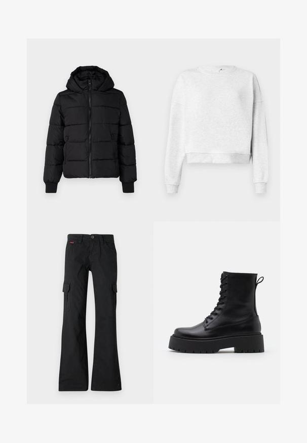 Schwarze gepolsterte Jacke mit Kapuze, Reißverschluss vorne und elastischen Bündchen. Glattes Gewebe mit gesteppten Abschnitten; zwei Seitentaschen für Stauraum.; Grauer Baumwoll-Sweatshirt mit Rundhalsausschnitt, überschnittenen Schultern und gerippten Bündchen. Mit einem verkürzten Saum und weichem, strukturiertem Material.; Schwarze Cargo-Hosen mit geradem Bein. Verfügt über zwei Seitentaschen, einen Knopfverschluss und ein kleines gesticktes Logo am Bund.; Schwarze Lederstiefeletten mit runder Zehenpartie, Schnürung vorne und einer dicken Gummisohle mit strukturiertem Profil. Mit Zugschlaufe an der Rückseite.