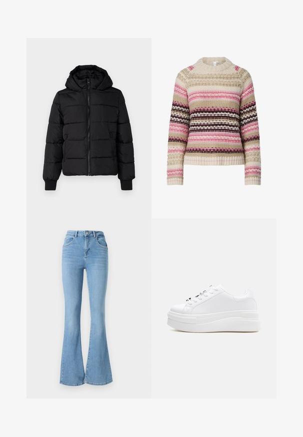 Sort polstret jakke med hætte, lynlås foran og elastiske manchetter. Glat stof med quiltede sektioner; to sidelommer til opbevaring.; Strikket sweater i cremet, pink og brun med rund hals, vandrette striber og teksturerede mønstre overalt. Ribstrikkede manchetter og søm.; Lysblå flagrende jeans lavet af denim, med høj talje, to forlommer og syede detaljer langs sømmene.; Hvid platformsneaker med tyk sål, snørelukning foran og glat overdel, vist fra den indvendige side på en ensfarvet baggrund.