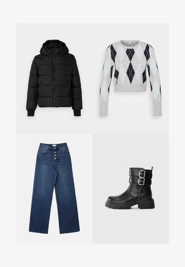 Sort polstret jakke med hætte, lynlås foran og elastiske manchetter. Glat stof med quiltede sektioner; to sidelommer til opbevaring.; Lys grå cropped sweater med et sort og lyseblåt argyle-mønster. Har lange ærmer og en klassisk rund halsudskæring. Blød tekstur.; Bredde ben blå denim jeans med høj talje, der har fem-knaps lukning, forlommer og en glat, struktureret overflade.; Sort læder ankelstøvle med kraftig sål og to sølvfarvede spænder på siden, isoleret på en lys baggrund.
