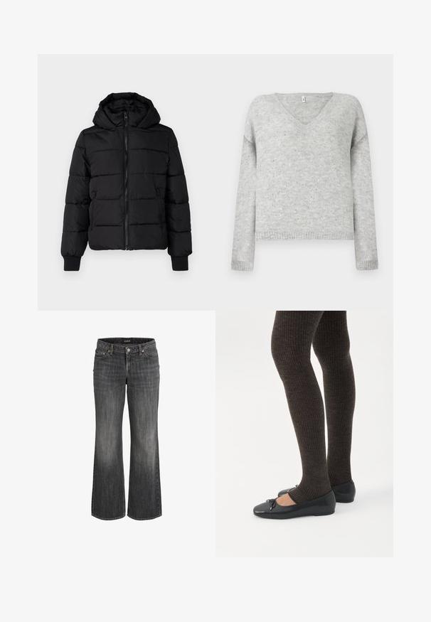 Sort polstret jakke med hætte, lynlås foran og elastiske manchetter. Glat stof med quiltede sektioner; to sidelommer til opbevaring.; Grå v-hals sweater lavet af blødt materiale, med en afslappet pasform og prydet med små sølvfarvede pailletter over hele stoffet.; Sorte, falmede, straight-leg jeans i denim med forreste knap, bæltestropper og fem-lommer design.; Ben iført mørke ribbede leggings kombineret med sorte balletsko med små sløjfedetaljer på hvid baggrund.