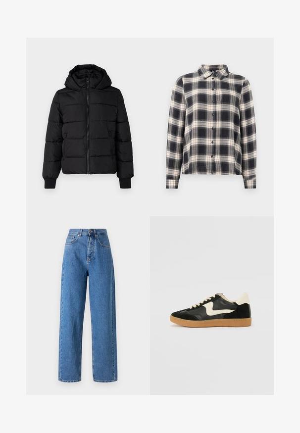 Chaqueta acolchada negra con capucha, cierre de cremallera al frente y puños elásticos. Tejido suave con secciones acolchadas; dos bolsillos laterales para almacenamiento.; Camisa de cuadros de manga larga en azul marino, blanco y beige. Presenta un cuello estándar, cierre frontal con botones y una tela suave con un patrón de cuadros.; Vaqueros de tiro alto y pierna recta en denim azul claro. Cuenta con cierre de botón frontal, cinco bolsillos y acentos de costura visible.; Zapatillas de deporte de ante y cuero negro con un swoosh lateral en crema y un talón en crema claro. Presenta cordones beige y una suela de goma marrón.