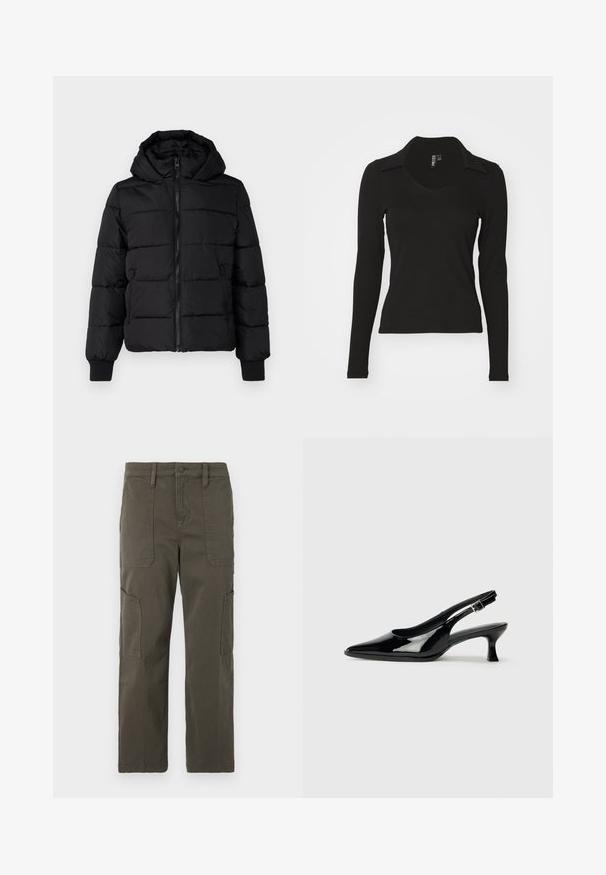 Schwarze gepolsterte Jacke mit Kapuze, Reißverschluss vorne und elastischen Bündchen. Glattes Gewebe mit gesteppten Abschnitten; zwei Seitentaschen für Stauraum.; Schwarzes Langarmoberteil mit V-Ausschnitt und Kragen, aus geripptem Stoff. Enganliegendes Design, ohne Muster oder sichtbare Akzente.; Good American CROPPED PANTS - Cargohose - fatigue; Schwarze Lackleder Slingback-Schuhe mit spitzem Zehenbereich und niedrigem Blockabsatz. Verstellbarer Riemen mit Schnalle am Knöchel.