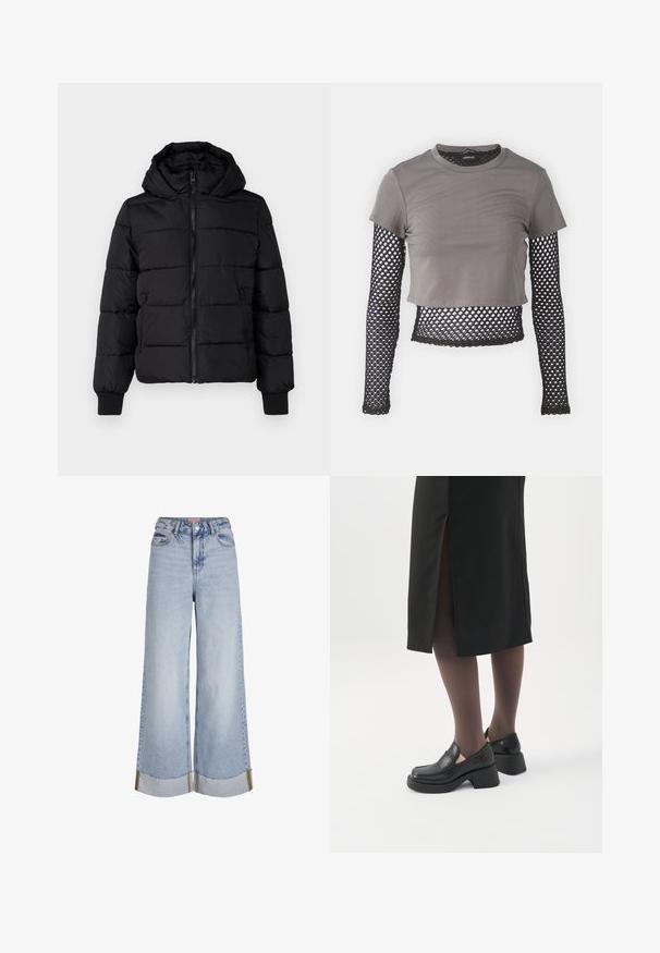 Sort polstret jakke med hætte, lynlås foran og elastiske manchetter. Glat stof med quiltede sektioner; to sidelommer til opbevaring.; Grå cropped t-shirt med korte ærmer og lange ærmer i sort netstof med diamantmønster og bølget kant.; Lysblå vide jeans med høj talje, frynsede sømme og kontrasterende syninger, lavet af denim stof.; Kvinde iført sorte loafers med chunky hæl, sorte tynde strømpebukser og en sort nederdel med slids bagpå på hvid baggrund.