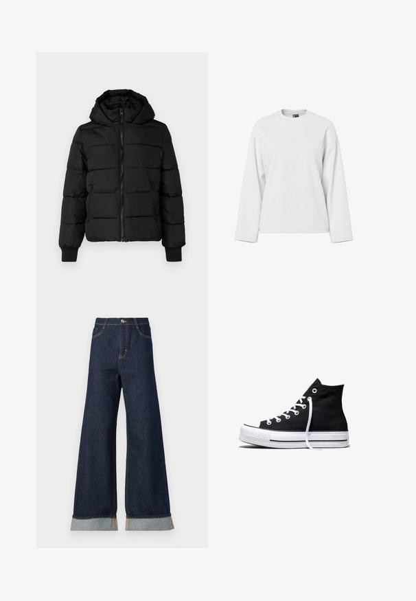 Schwarze gepolsterte Jacke mit Kapuze, Reißverschluss vorne und elastischen Bündchen. Glattes Gewebe mit gesteppten Abschnitten; zwei Seitentaschen für Stauraum.; Weißes Sweatshirt mit langen Ärmeln, runder Ausschnitt, lockerer Passform und weicher Textur. Keine sichtbaren Muster oder Hardware-Details.; weit geschnittene dunkelblaue Denim-Jeans mit orangefarbenen Nähten, hohen Bund, zwei vorderen Taschen und umgeschlagenen Säumen, die einen hellblauen Kontraststoff zeigen.; Schwarzer High-Top-Canvas-Sneaker mit weißer Gummisohle und weißen Schnürsenkeln, seitlich dargestellt vor weißem Hintergrund.