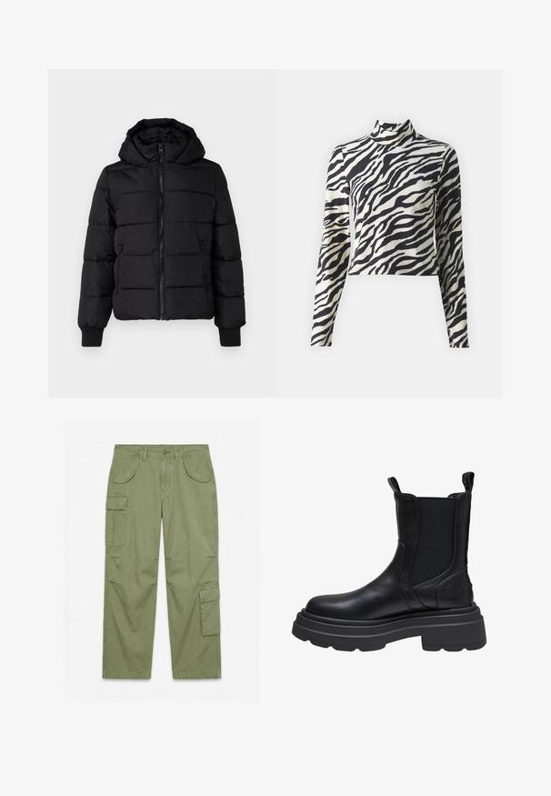 Veste noire rembourrée avec capuche, fermeture éclair à l'avant et poignets élastiques. Tissu lisse avec sections matelassées ; deux poches latérales pour le rangement.; Haut à manches longues avec col roulé, à motif zèbre noir et crème, au design cropped et à la texture de tissu lisse.; Pantalon cargo vert olive avec plusieurs poches à rabat, fermeture à boutons, passants pour ceinture, et jambes droites décontractées sur fond blanc uni.; Bottine noire en cuir avec des panneaux élastiques sur les côtés, semelle en caoutchouc épaisse et bandeau de traction ; texture lisse, bout arrondi et silhouette audacieuse.