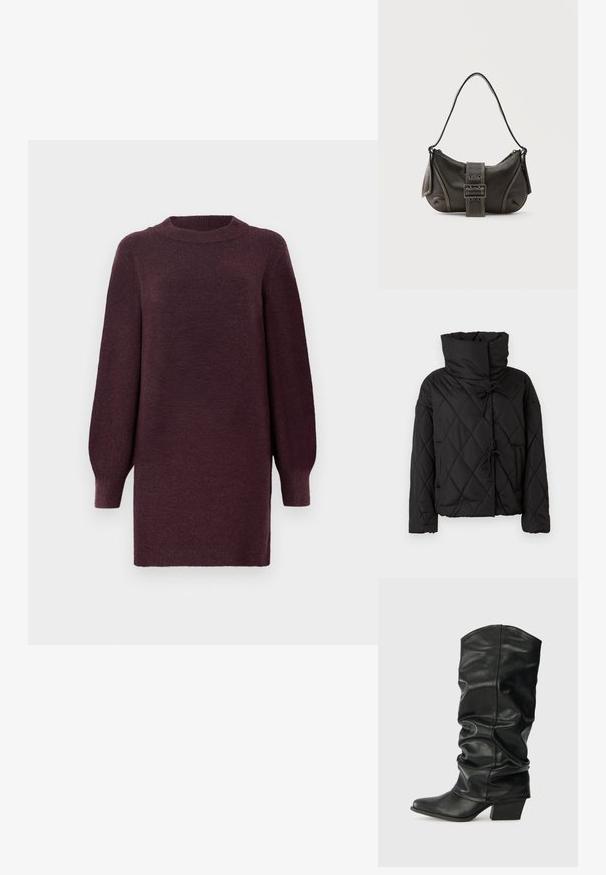 Chaqueta de plumas acolchada negra con un alto cuello, que presenta cierres ajustables y dos bolsillos frontales. Textura suave y ajuste oversize.; Vestido de suéter burdeos con escote redondo y mangas largas ligeramente abullonadas. Hecho de una tela suave y texturizada. Termina por encima de la rodilla.; Botas de cuero negro hasta la rodilla con un diseño arrugado, punta afilada y un tacón grueso, con una textura suave y una costura mínima.; Bolso de hombro de cuero negro con detalle de correa con hebilla, bordes curvos y costuras blancas en contraste sobre un fondo liso.