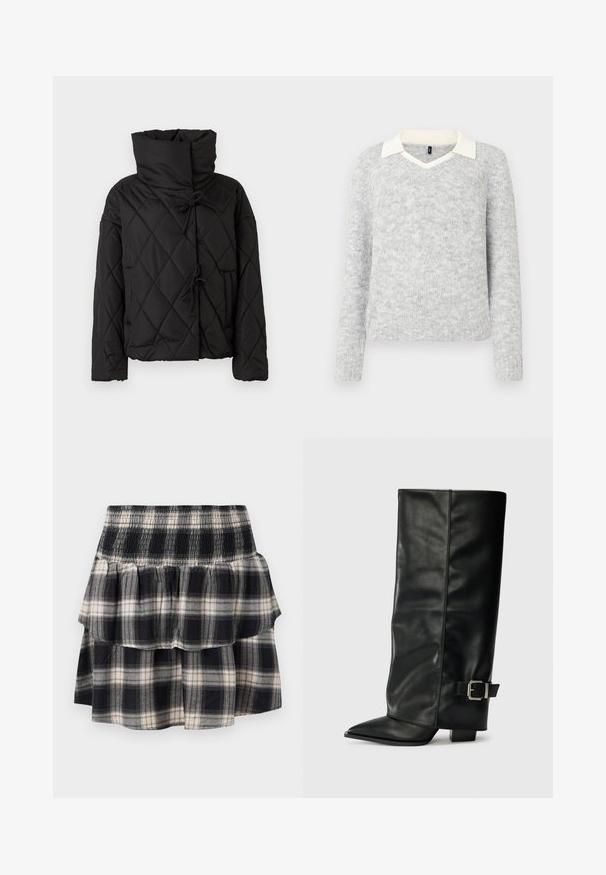 Chaqueta de plumas acolchada negra con un alto cuello, que presenta cierres ajustables y dos bolsillos frontales. Textura suave y ajuste oversize.; Suéter de punto gris claro de manga larga con detalles de camisa de cuello en V blanca, dobladillo y puños acanalados, exhibido sobre fondo blanco.; Falda de cuadros en blanco y negro con cintura fruncida. Presenta capas con volantes y una textura suave de algodón.; Botas de cuero negro hasta el tobillo con punta afilada, textura suave y un detalle de hebilla plateada en el lado. Tacón cuadrado grueso.