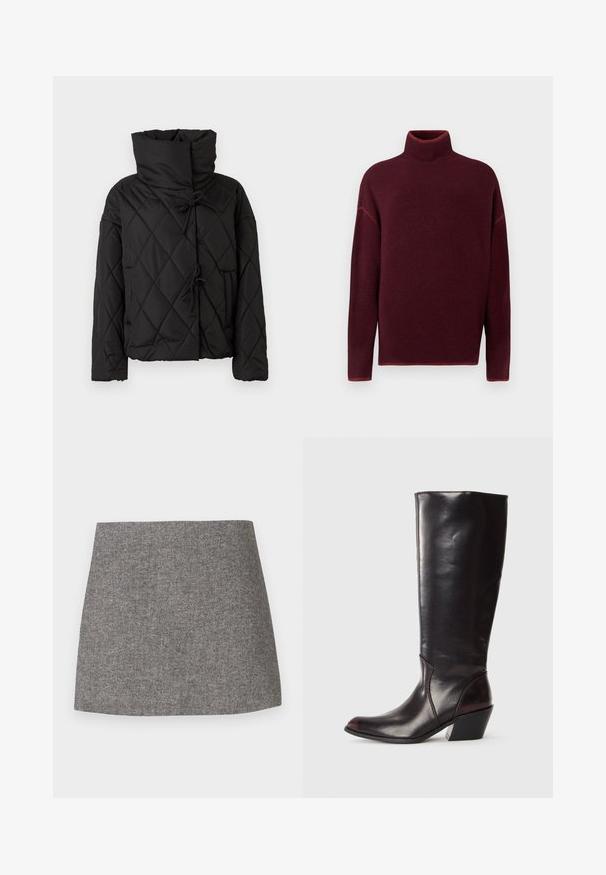 Schwarze gesteppte Pufferjacke mit hohem Kragen, ausgestattet mit Kordelzugverschlüssen und zwei Fronttaschen. Weicher Textil und oversized Schnitt.; Burgunderfarbener Rollkragenpullover mit geripptem Kragen und Bündchen, aus weichem Material, mit überschnittenen Schultern und einem lockeren Schnitt.; Rock mit Fischgrätenmuster aus grauem Stoff, mit figurbetonter Silhouette, glatter Textur und einem sauberen, geraden Saum.; Knöchelhigh, dunkelbraune Lederstiefel mit spitzem Zeh, eckigem Blockabsatz und glatter, glänzender Textur. Verfügt über ein klares Design und Steppnähte.