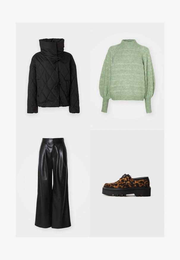 Schwarze gesteppte Pufferjacke mit hohem Kragen, ausgestattet mit Kordelzugverschlüssen und zwei Fronttaschen. Weicher Textil und oversized Schnitt.; Grüner gestrickter Pullover mit hohem Kragen, langen Ballonärmeln und gerippten Bündchen. Hat ein strukturiertes, horizontales Streifenmuster.; Schwarze Kunstleder-Hosen mit weit geschnittenem Bein, hoher Taille, plissierter Vorderseite und glatter Textur. Verfügt über ein sauberes, minimalistisches Design.; Leoprint Wildlederschuhe mit schwarzer, klobiger Sohle und Schnürsenkeln; ausgestattet mit Metallösen und strukturiertem Obermaterial für zusätzliche Details.
