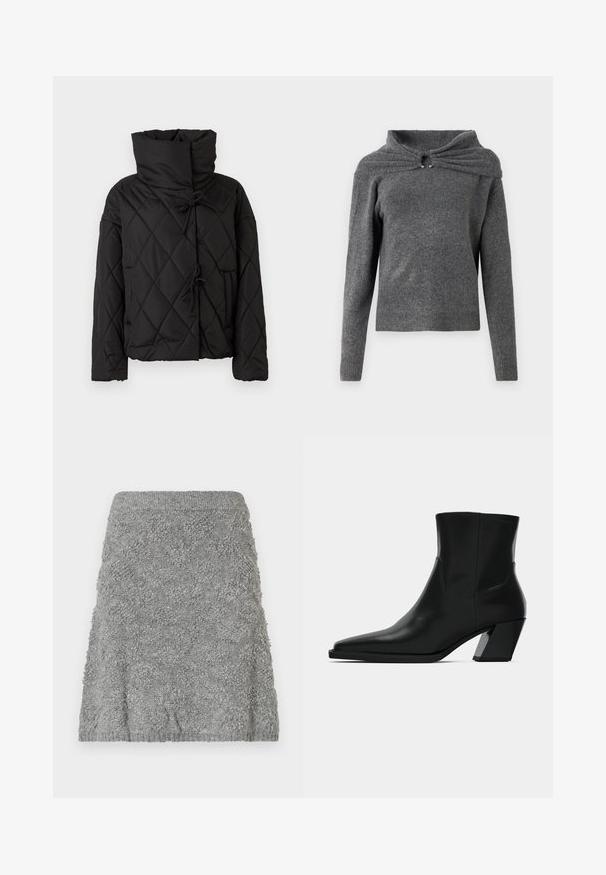 Chaqueta de plumas acolchada negra con un alto cuello, que presenta cierres ajustables y dos bolsillos frontales. Textura suave y ajuste oversize.; Suéter gris hecho de un suave tejido de punto, que presenta un diseño de cuello único con un detalle retorcido y acentos de hardware plateado. Mangas largas, dobladillo acanalado.; Falda de punto gris con una superficie texturizada que presenta un patrón burbujeante. La cinturilla es acanalada, y el diseño general es ajustado y acampanado.; Bota de tobillo de cuero negro con punta afilada, una silueta elegante y un tacón cuadrado grueso. Textura suave con detalles de costura mínimos.