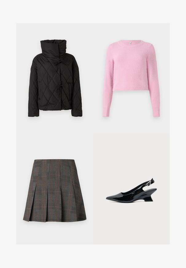 Sort quiltet pufferjakke med høj krave, featuring snorelukninger og to forsidelommer. Blød tekstur og oversized pasform.; Lyserød, pelsagtig cropped sweater med lange ærmer, rundet halsudskæring og en blød, tekstureret finish. Har ribbede manchetter og kant.; Gråternet nederdel med plisseringer, prydet med intrikate mønstre i sort og hvid, akkompagneret af tynde røde linjer. Fremstillet af et struktureret stof.; Sort laklæder slingback sko med spids tå og lav vinklet blokhæl på ensartet lys baggrund.