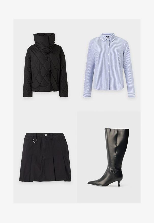 Sort quiltet pufferjakke med høj krave, featuring snorelukninger og to forsidelommer. Blød tekstur og oversized pasform.; Langærmet skjorte med knapper med hvide og lyseblå lodrette striber og en spids krave vist på en ensfarvet baggrund.; Sort plisseret nederdel lavet af bomuld, med frontknaplukning, bæltestropper og en D-ring detalje i taljen.; Sort knæhøj læderstøvle med spids tå og lav kittenhæl, vist på en enkel lys baggrund.