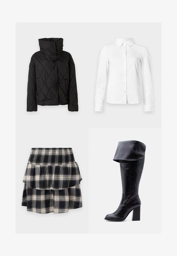 Zwarte gewatteerde pufferjack met een hoge kraag, voorzien van trekkoordsluitingen en twee voorzakken. Zachte textuur en oversized pasvorm.; Witte blouse met lange mouwen en knopen, met puntige kraag, rechte zoom en aansluitende silhouet, weergegeven op een effen lichte achtergrond.; Zwart-wit geruite tiered rok met smock tailleband. Heeft gerimpelde lagen en een zachte katoentextuur.; Hoge zwarte leren laars met hak, een omgeslagen boord en een ronde neus, rechtopstaand tegen een witte achtergrond.