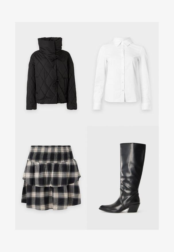 Chaqueta de plumas acolchada negra con un alto cuello, que presenta cierres ajustables y dos bolsillos frontales. Textura suave y ajuste oversize.; Camisa blanca de manga larga con botones, cuello puntiagudo, bajo recto y silueta ajustada, presentada sobre un fondo claro y liso.; Falda de cuadros en blanco y negro con cintura fruncida. Presenta capas con volantes y una textura suave de algodón.; Bota de cuero negra hasta la rodilla con punta afilada, tacón angular y textura suave. Presenta un sutil acento de costura a lo largo del costado.