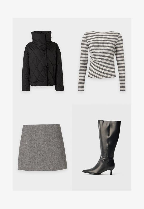 Chaqueta de plumas acolchada negra con un alto cuello, que presenta cierres ajustables y dos bolsillos frontales. Textura suave y ajuste oversize.; Top de manga larga con un patrón de rayas horizontales en blanco y negro, con una tela texturada y un detalle fruncido en el lado.; Falda con patrón de espiga en tejido gris, con una silueta entallada, textura suave y bajo limpio y recto.; Bota negra de cuero hasta la rodilla, con punta afilada y tacón bajo tipo kitten, mostrada sobre un fondo claro y sencillo.