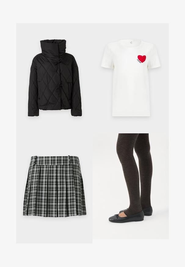 Chaqueta de plumas acolchada negra con un alto cuello, que presenta cierres ajustables y dos bolsillos frontales. Textura suave y ajuste oversize.; Camiseta blanca de manga corta con un corazón rojo y la palabra "AMOUR" impresa en el área del pecho izquierdo.; Falda plisada de cuadros en blanco y negro con una cintura suave y múltiples pliegues verticales. Fabricada en un tejido ligero.; Piernas con leggings oscuros acanalados combinados con bailarinas negras que presentan pequeños detalles de lazo sobre un fondo blanco.