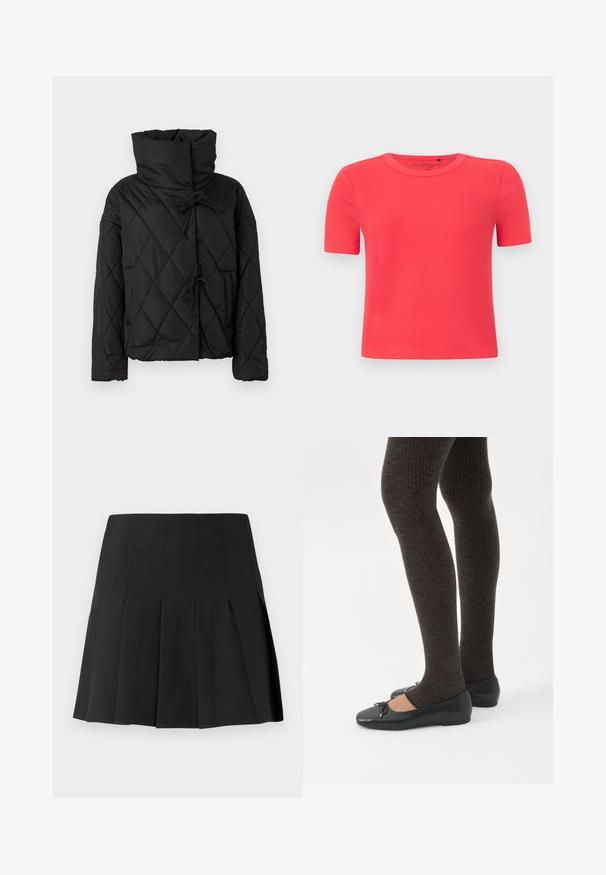Sort quiltet pufferjakke med høj krave, featuring snorelukninger og to forsidelommer. Blød tekstur og oversized pasform.; Kortærmet, ribstrikket t-shirt lavet af blødt stof i levende koralfarve. Har rund halsudskæring og en tætsiddende silhuet.; Sort plisseret mininederdel lavet af et letvægtsstof. Har en figursyet talje og skarpe knivplisseringer for et struktureret udseende.; Ben iført mørke ribbede leggings kombineret med sorte balletsko med små sløjfedetaljer på hvid baggrund.