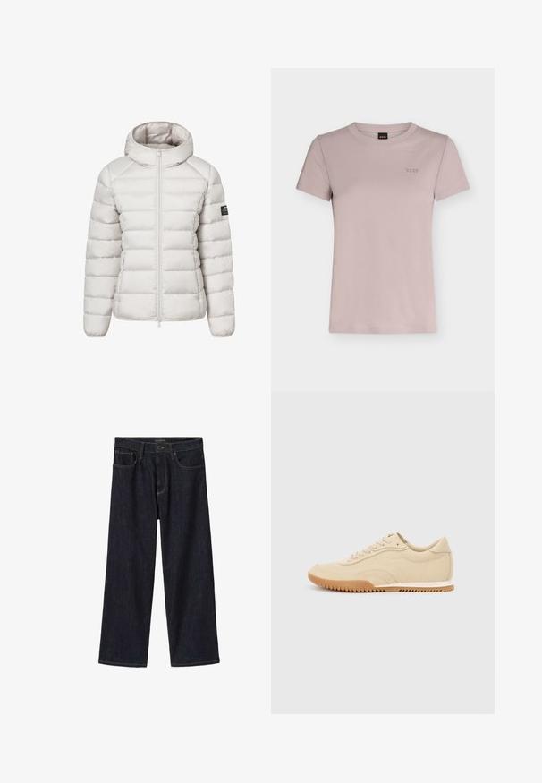 Veste matelassée grise claire avec capuche, en tissu tissé, conception matelassée horizontale et fermeture éclair frontale. Comprend un logo sur la manche.; T-shirt en coton mauve clair à manches courtes et col rond avec un petit logo brodé "BOSS" sur la poitrine gauche.; Jean large indigo foncé avec fermeture à boutons et zip à l'avant, passant de ceinture et poches avant, présenté sur fond blanc.; Baskets en cuir beige avec une silhouette basse, des surfaces texturées et une semelle en caoutchouc gomme présentant un motif en zigzag pour une meilleure adhérence.