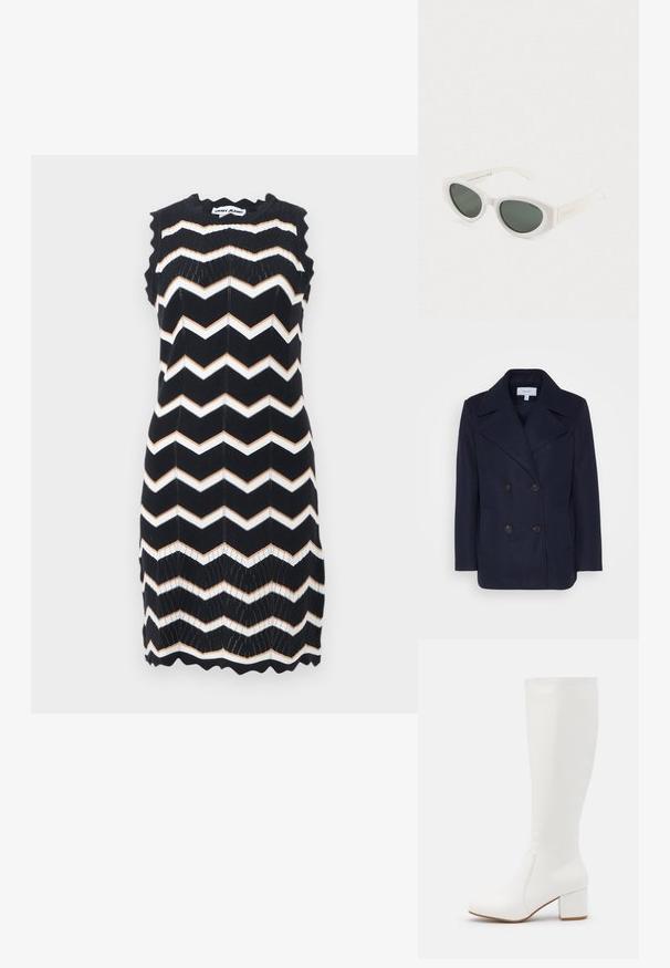 Manteau en laine navy croisé avec grands revers notés, deux poches avant et boutons noirs. Texture lisse, coupe structurée.; Robe noire sans manches en tricot avec des rayures en zigzag blanches et beige, bords festonnés, et étiquette DKNY Jeans au niveau du col.; Bottes blanches jusqu'au genou avec une finition lisse et brillante. Talon carré et détails de couture subtils sur le côté.; Lunettes de soleil blanches en forme d'yeux de chat avec des verres polarisés foncés et une monture en polycarbonate recyclé sur un fond blanc uni.