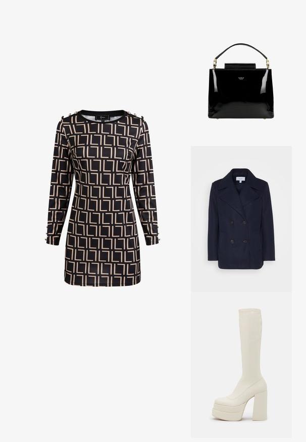 Marineblå uld dobbeltbrystet frakke med store klappede revers, to forlommer og sorte knapper. Glat tekstur, struktureret pasform.; Langærmet sort kjole med beige geometrisk firkantet mønster og dekorative knapper på skuldre og manchetter, figursyet silhuet.; Steve Madden CYPRESS - Plateaustøvler - off white; Sorte patentlæder håndtaske med et struktureret design, der har et top håndtag, guld hardware detaljer og en lille frontklap.