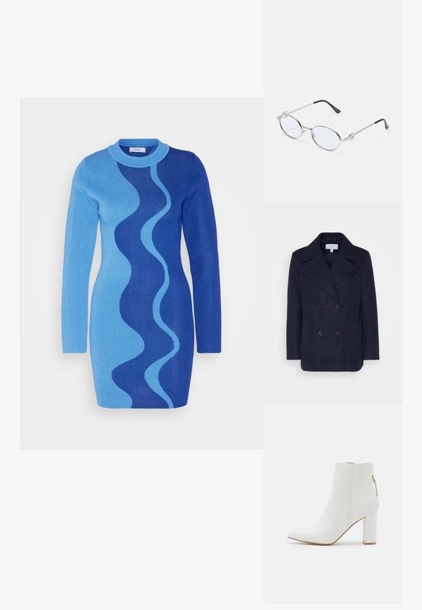 Tumes villane topeltkangelane mantel suurte sisselõigates kraedega, kahe ees oleva taskuga ja mustade nupukestega. Sile tekstuur, struktureeritud lõige.; Envii IDA DRESS - Kampsunkleit - blue; RAID NETHRA - Klassikalised poolsaapad - white; Hõbedased ovaalsed prilliraamid selgete läätsedega, millel on dekoratiivsed külgaktsendid ja mustad otsad templites, et tagada paremat haardumist ja mugavust.