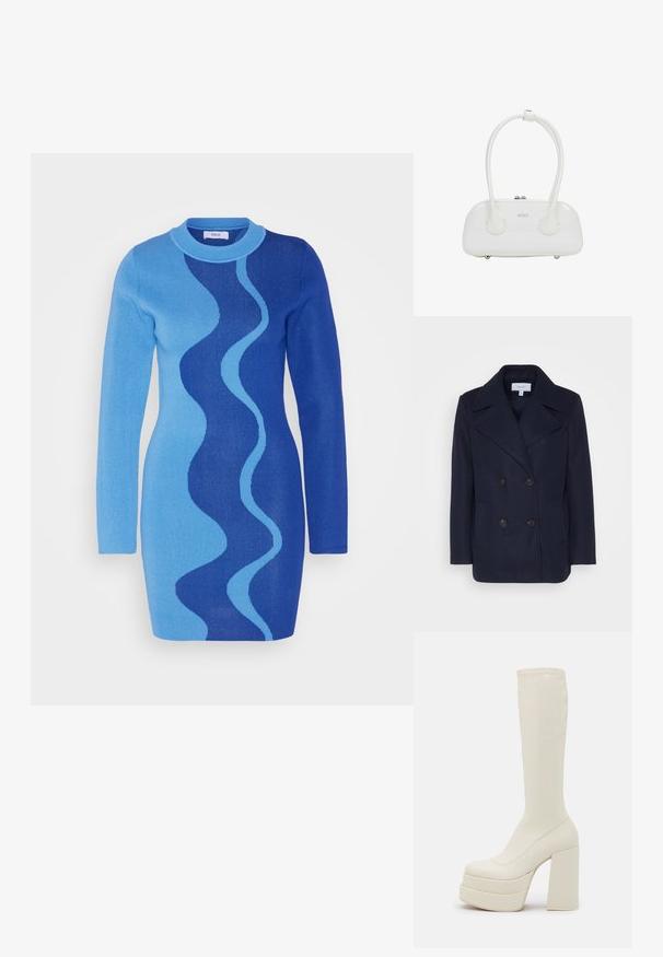 Marineblauer Woll-Doppelreiher mit großen Reverskragen, zwei vorderen Taschen und schwarzen Knöpfen. Glatte Textur, strukturierte Passform.; Envii IDA DRESS - Strickkleid - blue; Steve Madden CYPRESS - Plateaustiefel - off white; Weiße Handtasche aus Lackleder mit doppelten, abgerundeten Griffen, silberfarbigem Reißverschluss und dezentem "estro"-Logo auf der Vorderseite.