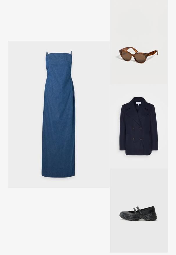 Marineblå uld dobbeltbrystet frakke med store klappede revers, to forlommer og sorte knapper. Glat tekstur, struktureret pasform.; Ærmeløs lang denimkjole med tynde skulderstropper og en lige halsudskæring, vist på en ensformig lys baggrund.; Sorte læder mary jane flade sko med to justerbare remme, en rund tå og en struktureret gummisål for ekstra greb.; Brille med skildpaddemønster og brune linser i katteøjeform, der hviler på en lys overflade med en let skygge under.
