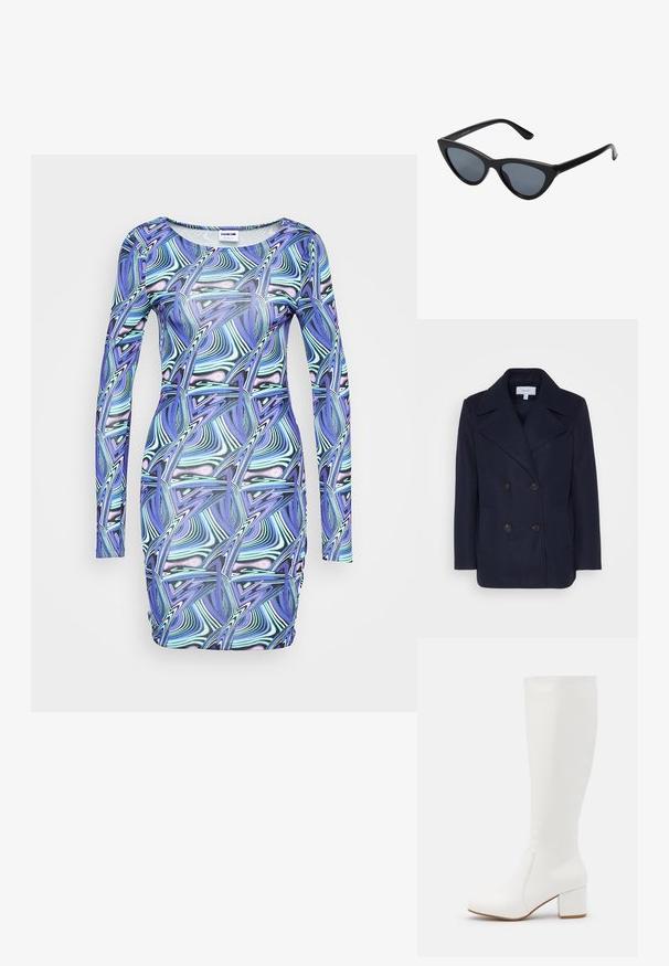 Marineblauer Woll-Doppelreiher mit großen Reverskragen, zwei vorderen Taschen und schwarzen Knöpfen. Glatte Textur, strukturierte Passform.; Noisy May NMDOLORES SHORT DRESS - Freizeitkleid - deep blue; Weiße kniehohe Stiefel mit einer glatten, glänzenden Oberfläche. Quadratischer Blockabsatz und dezente Nahtdetails an der Seite.; Schwarze Cat-Eye-Sonnenbrille mit dunkelgrauen Gläsern, schlankem Kunststoffrahmen, spitzen Ecken und geraden Bügeln. Keine sichtbaren Befestigungen oder Akzente.