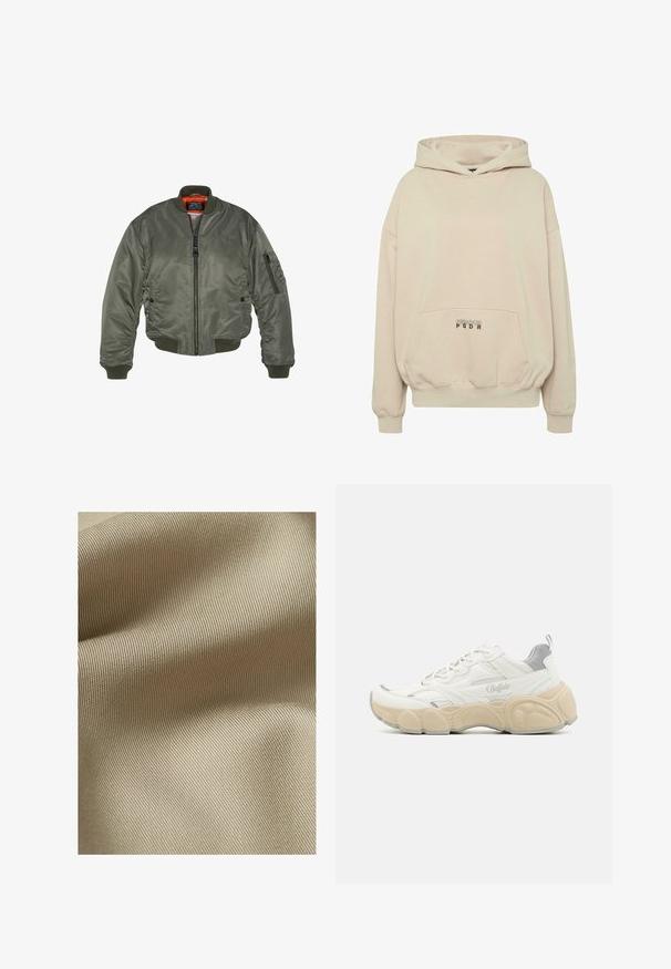 Olivengroene bomberjack, gemaakt van nylon, met ribgebreide kraag en manchetten, ritssluiting, voorzakken en een gedurfde oranje voering.; Beige hoodie met een voorzak, geribbelde boorden en een capuchon met trekkoord. "PECADOR PGDR" tekst gedrukt op het zakgebied.; Beige gestructureerde stof met een fijn, ribbelpatroon. Het materiaal lijkt glad met een subtiele glans en valt zacht in plooien.; Witte sneaker met een bovenwerk van mesh en glad leer, met een gevoerde kraag, een gemêleerde rubberen zool en subtiele metallic accenten.