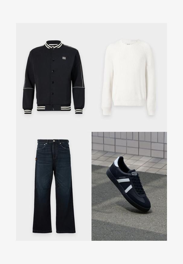 Sort sweatshirtjakke med hvidstribede ribkantede krave og manchetter. Har knaplukning og logo på øverste venstre side, lavet af blødt stof.; Hvid ribbet sweater med rund halsudskæring, sænkede skuldre og lange ærmer. Har struktureret stof og en lige kant.; Mørkeblå lige ben jeans med klassisk fem-lomme design, bæltestropper og subtile falmede detaljer foran og på knæene.; Sort lædersneaker med hvide striber, tekstureret gummisål og snørrebånd foran. Har et brandet mærke på tungen.