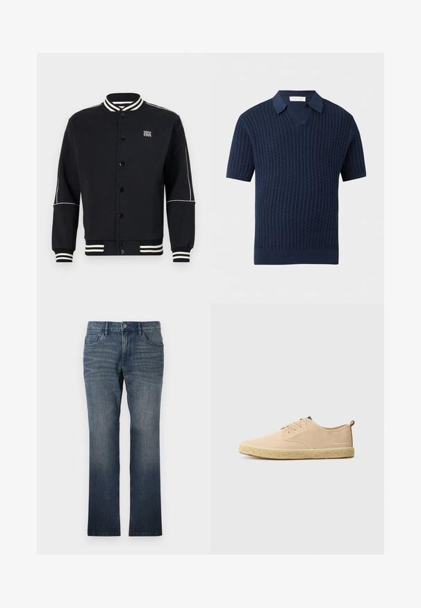 Sort sweatshirtjakke med hvidstribede ribkantede krave og manchetter. Har knaplukning og logo på øverste venstre side, lavet af blødt stof.; Navyblå kortærmet strikket poloshirt med kabelmønster og V-hals krave mod en lys grå baggrund.; TOM TAILOR MARVIN - Jeans Straight Leg - dark stone wash denim; Beige lærredssko med en vævet jutesål, afrundet tå og snørelukning. Har en lille hæltab bagpå og diskrete stingdetaljer.
