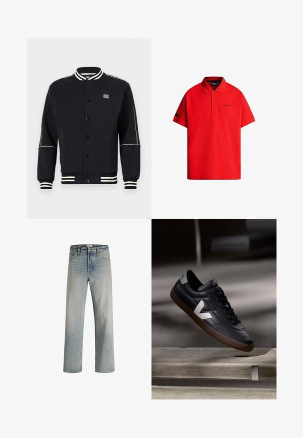 Sort sweatshirtjakke med hvidstribede ribkantede krave og manchetter. Har knaplukning og logo på øverste venstre side, lavet af blødt stof.; Rød kortærmet polo med krave, tre-knaps åbning og lille Red Bull Racing-logo på bryst og ærme.; Lys blå denimjeans med lige ben, høj talje og subtil falming. Klassisk fem-lomme design med knaplukning.; Sort lædersneaker med hvid V-logo, snørebånd foran, perforerede detaljer og brunt gummisål; slankt design med minimale accenter.