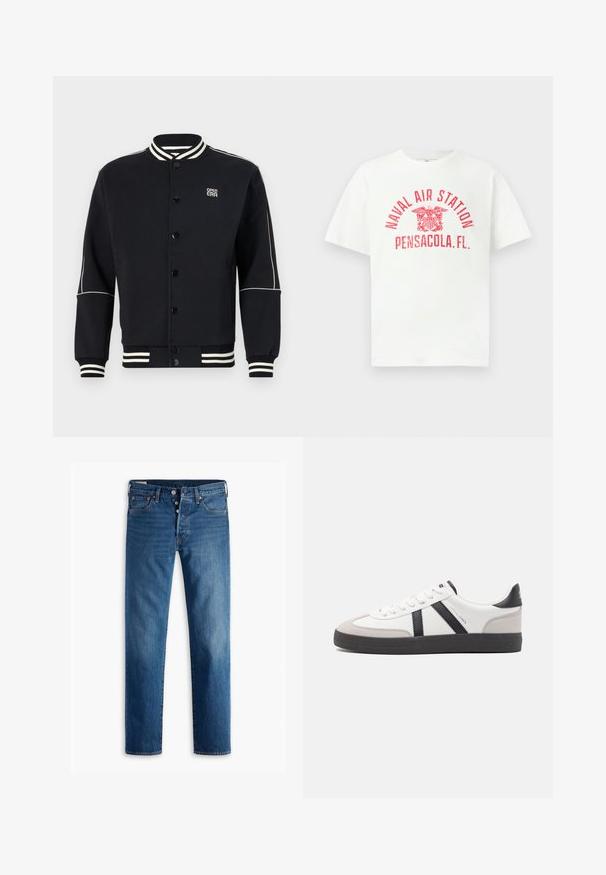 Sort sweatshirtjakke med hvidstribede ribkantede krave og manchetter. Har knaplukning og logo på øverste venstre side, lavet af blødt stof.; Hvid T-shirt med korte ærmer med rød tekst "NAVAL AIR STATION PENSACOLA, FL." og et ørneemblem i midten foran.; Blå denim jeans med lige ben design, fem lommer og knappelukning. Blegning langs lårene tilføjer visuel struktur.; Hvide sneakers med sorte og grå detaljer, med en tekstureret grå tåhætte, sort gummisål og flade hvide snørebånd. Rent design, minimalistisk stil.