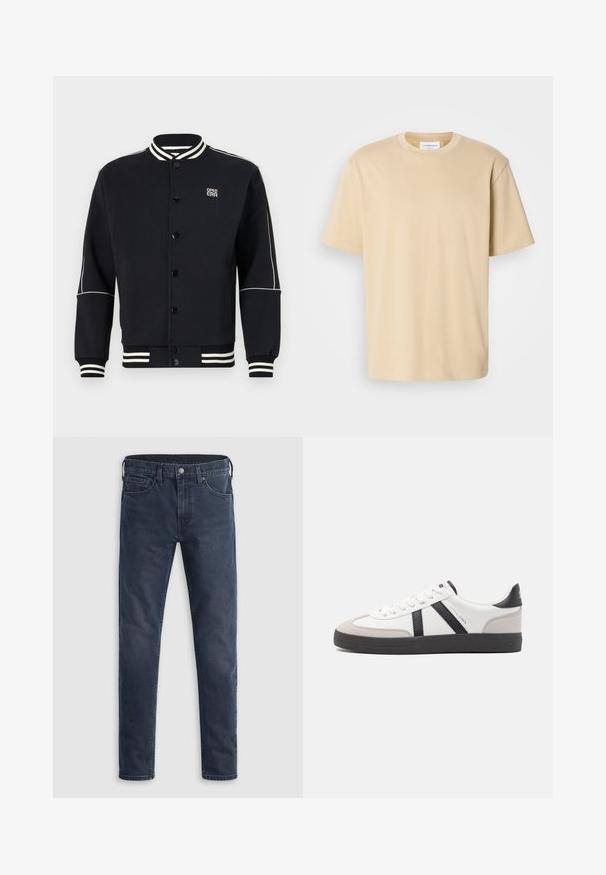 Sort sweatshirtjakke med hvidstribede ribkantede krave og manchetter. Har knaplukning og logo på øverste venstre side, lavet af blødt stof.; Beige kortærmet t-shirt, lavet af blødt stof. Har en rund halsudskæring og en afslappet pasform uden synlige mønstre eller detaljer.; Mørkeblå denimjeans med lige ben, fem lomme-stil og metal-knaplukning i taljen. Glat tekstur.; Hvide sneakers med sorte og grå detaljer, med en tekstureret grå tåhætte, sort gummisål og flade hvide snørebånd. Rent design, minimalistisk stil.
