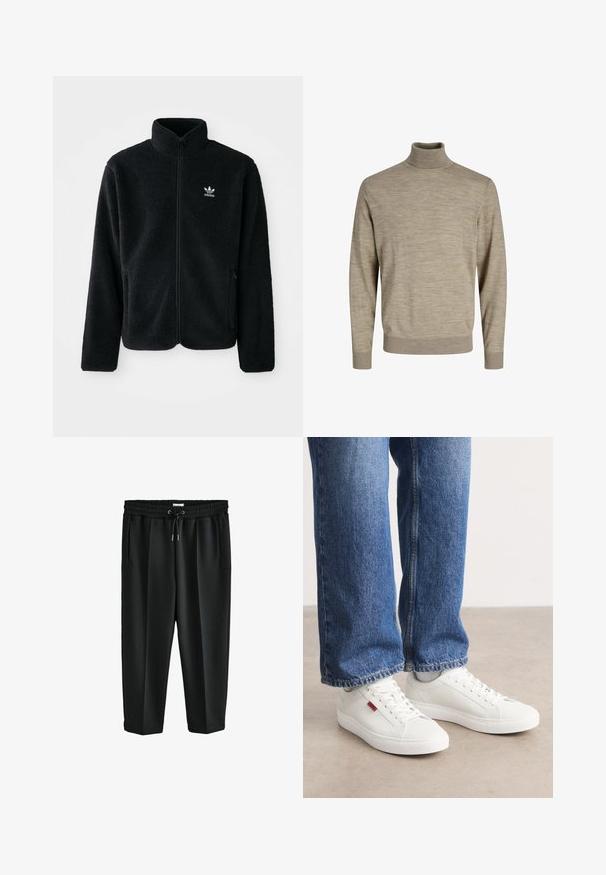Zwarte fleece jacket met hoge kraag, ritssluiting aan de voorkant en voorzakken. Kenmerkt zich door textuurstof en een klein wit logo op de linkerborst.; Beige coltrui gemaakt van zacht gebreid materiaal. Kenmerken zijn lange mouwen, geribbelde manchetten en zoom, met een gladde textuur en subtiel ton sur ton patroon.; Zwarte sportbroek met een elastische tailleband, koordsluiting, twee zijzakken en een losse pasvorm voor comfort. Gladde stofstructuur.; Witte sneakers met een glad oppervlak, ronde neus en platte zool. Vergezeld door blauwe denim jeans met een rechte pasvorm en zichtbare stiksels.