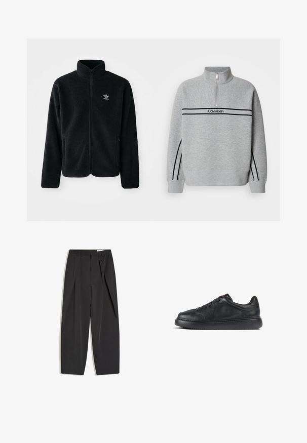 Schwarze Fleecejacke mit hohem Kragen, durchgehendem Reißverschluss und Fronttaschen. Verfügt über strukturiertes Material und ein kleines weißes Logo auf der linken Brust.; Grauer Sweatshirt mit Reißverschluss und hohem Kragen. Verfügt über schwarze Streifen und ein Logo auf der Brust. Weicher, strukturierter Stoff. Lässiges Design.; Schwarze, maßgeschneiderte, hoch taillierte Hose mit Bügelfalten, Gürtelschlaufen und geradem Bein, flach auf weißem Hintergrund dargestellt.; Schwarze Ledersneaker mit strukturierter Oberfläche, runder Zehenpartie und sechs Ösen-Schnürung. Verfügt über eine dicke, schwarze Gummisohle und minimales Branding.