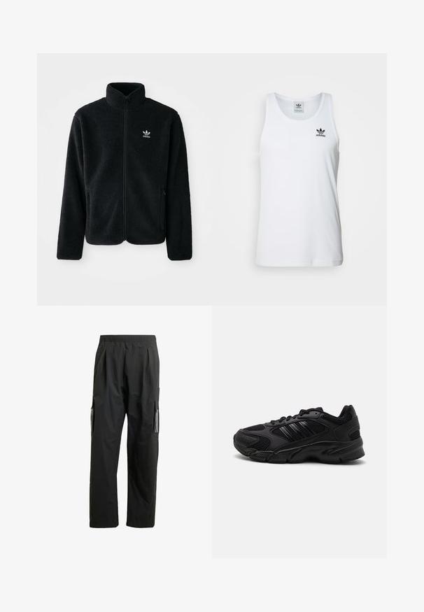 Chupa de forro polar negro con cuello alto, cierre frontal y bolsillos delanteros. Presenta tela texturizada y un pequeño logo blanco en el lado izquierdo del pecho.; Top sin mangas blanco con canalé y escote redondo, logo negro de Adidas en el lado izquierdo del pecho. Material de algodón suave, corte casual.; Pantalones cargo negros con una cinturilla elástica, bolsillos laterales y detalles reflectantes. Hechos de un material ligero y resistente al agua.; Zapatillas deportivas negras que combinan malla transpirable y materiales sintéticos. Suela texturizada distintiva y tres franjas negras en el costado.