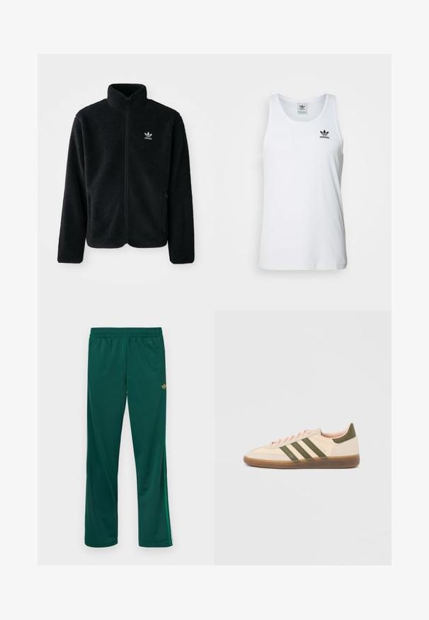 Zwarte fleece jacket met hoge kraag, ritssluiting aan de voorkant en voorzakken. Kenmerkt zich door textuurstof en een klein wit logo op de linkerborst.; Witte geribde tanktop met ronde hals, zwarte Adidas-logo op de linkerborst en zonder mouwen. Zachte katoenen stof, casual pasvorm.; Groene sportbroek met een elastische tailleband, voorzien van zijstrepen en een klein gouden logo aan de bovenkant linksvoor. Gladde textuur.; Beige Adidas Spezial sneaker met een laag profiel, groene strepen, een gumkleurige zool en "SPEZIAL" branding aan de zijkant, gezien vanaf de buitenzijde.
