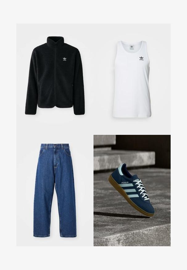 Zwarte fleece jacket met hoge kraag, ritssluiting aan de voorkant en voorzakken. Kenmerkt zich door textuurstof en een klein wit logo op de linkerborst.; Witte geribde tanktop met ronde hals, zwarte Adidas-logo op de linkerborst en zonder mouwen. Zachte katoenen stof, casual pasvorm.; Denim wijde broek in donkerblauw. Kenmerken zijn een hoge taille, riemlussen en een klassiek vijf-pocket ontwerp. Gestikte zoom met een schone afwerking.; Blauwe Adidas Spezial sneaker met witte strepen en veters, gumzool, zwevend boven een ruwe betonnen oppervlakte en trappen op de achtergrond.