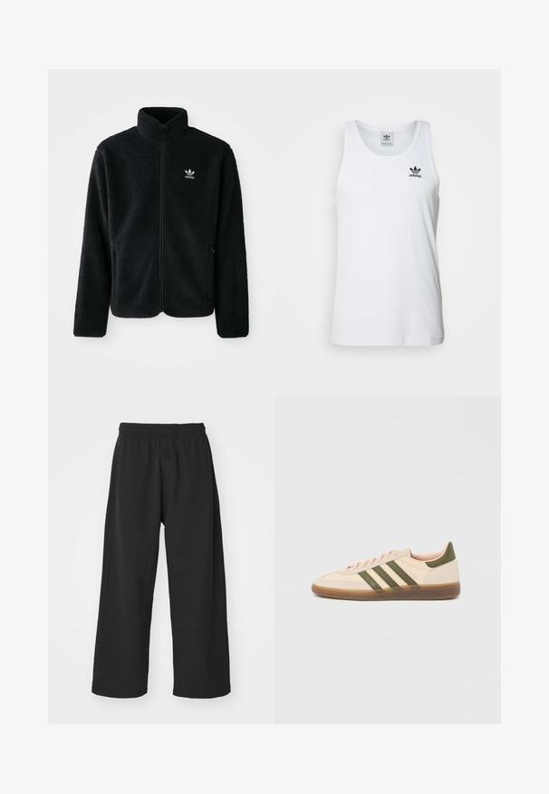 Sort fleecejakke med høj krave, lynlås foran og frontlommer. Har tekstureret stof og lille hvidt logo på venstre bryst.; Hvid ribbet tanktop med rund halsudskæring, sort Adidas-logo på venstre bryst og uden ærmer. Blødt bommateriale, afslappet pasform.; adidas Originals Træningsbukser - black; Beige Adidas Spezial sneaker med lav profil, grønne striber, gummisål og "SPEZIAL"-branding på siden, vist fra ydersiden.