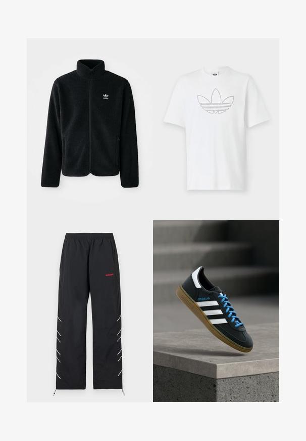 Sort fleecejakke med høj krave, lynlås foran og frontlommer. Har tekstureret stof og lille hvidt logo på venstre bryst.; Hvid bomulds-T-shirt med en prikket sort kontur af et trefoil-logo på fronten. Korte ærmer og rund halsudskæring.; Sorte Adidas træningsbukser med elastisk taljebånd, rødt logo på højre lår, hvide diagonale striber på benenes sider og justerbare ankelstropper.; Sort Adidas sneaker med hvide striber, blå snørebånd og gummisål, der svæver over gråt betontrin i blødt lys.
