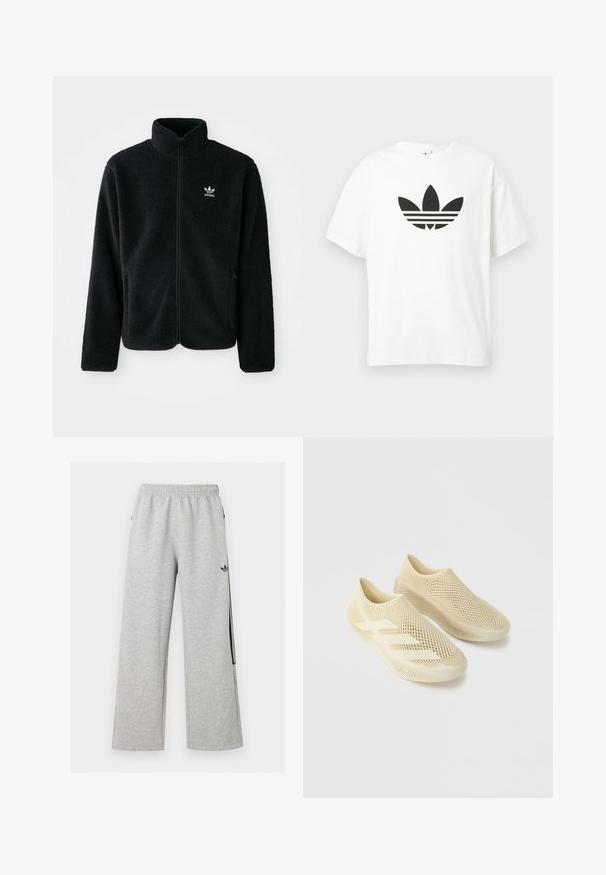 Zwarte fleece jacket met hoge kraag, ritssluiting aan de voorkant en voorzakken. Kenmerkt zich door textuurstof en een klein wit logo op de linkerborst.; Witte katoenen t-shirt met een groot zwart Adidas trefoil-logo en drie horizontale strepen eronder. Korte mouwen, ronde hals.; Lichtgrijze wijde joggingbroek met elastische tailleband en zwart Adidas trefoil-logo op de rechterdij.; Een paar beige instap schoenen met een gaasachtige, rasterstructuur en drie streepdetails op een effen lichtgrijze achtergrond.