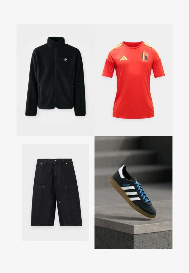 Must värviline fleecedee peasärk kõrge kraega, tõmblukuga esiosa ja esikotid. Omab tekstuuriga kangast ja väikest valget logo vasakul rinnal.; Punane lühikeste varrukatega spordisärk kollase Adidas logo ja Belgia Kuningliku Jalgpalliliidu embleemiga ees, kollased triibud õlgadel.; Mustad teksapüksid esitaskute, hõbedaste neetide ja vööaasadega, millel on peen tekstuuriga muster.; Must Adidas toss valgete triibu, siniste paelte ja kummist tallaga, hõljuv pehme valgusega halli betoonastme kohal.