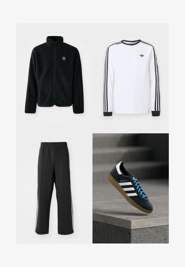 Zwarte fleece jacket met hoge kraag, ritssluiting aan de voorkant en voorzakken. Kenmerkt zich door textuurstof en een klein wit logo op de linkerborst.; Wit Adidas shirt met lange mouwen, zwarte ronde hals, zwarte boordjes, drie zwarte strepen langs de mouwen en een zwart trefoil-logo op de borst.; Zwarte trainingsbroek met een elastische tailleband, voorzien van witte zijstrepen en een relaxte pasvorm. Gemaakt van zachte, rekbare stof.; Zwarte Adidas-sneaker met witte strepen, blauwe veters en een gumzool die boven een grijze betonnen trede zweeft in zacht licht.