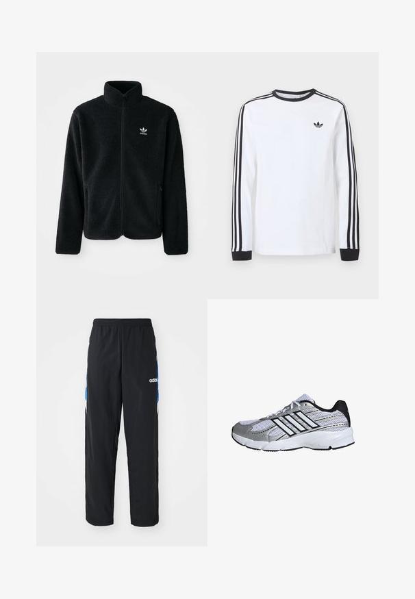 Čierna fleecová bunda s vysokým golierom, zipsom na prednej strane a prednými vreckami. Obsahuje textúrovanú tkaninu a malé biele logo na ľavej hrudi.; Biele tričko Adidas s dlhým rukávom, čiernym okrúhlym výstrihom, čiernymi manžetami, tromi čiernymi pruhmi na rukávoch a čiernym logom trefoil na hrudi.; Čierne športové nohavice s elastickým pásom, s modro-bielymi grafickými akcentmi po stranách a vyšitým logom.; Mriežkovaná športová obuv v bielej a striebornej farbe, s čiernymi detailmi, logom troch bielych pruhov, polstrovaným golierom a textúrovanou gumovou podrážkou.