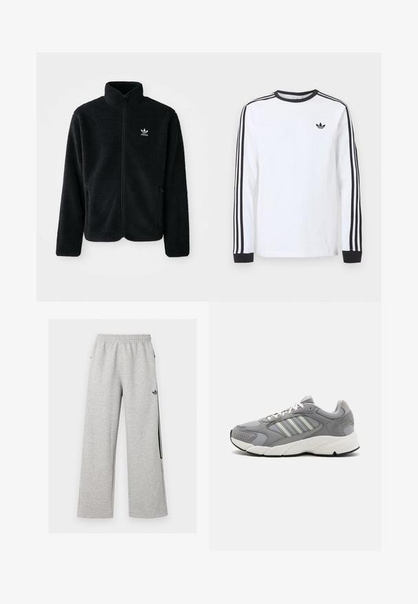 Čierna fleecová bunda s vysokým golierom, zipsom na prednej strane a prednými vreckami. Obsahuje textúrovanú tkaninu a malé biele logo na ľavej hrudi.; Biele tričko Adidas s dlhým rukávom, čiernym okrúhlym výstrihom, čiernymi manžetami, tromi čiernymi pruhmi na rukávoch a čiernym logom trefoil na hrudi.; Svetlošedé široké tepláky s elastickým pásom a čiernym logom Adidas trefoil na pravom stehne.; Sivé športové topánky vyrobené z jemnej sieťoviny a semišu, s bielymi šnúrkami, polstrovaným límcom a masívnou bielou strednou podrážkou s textúrovanými akcentmi.
