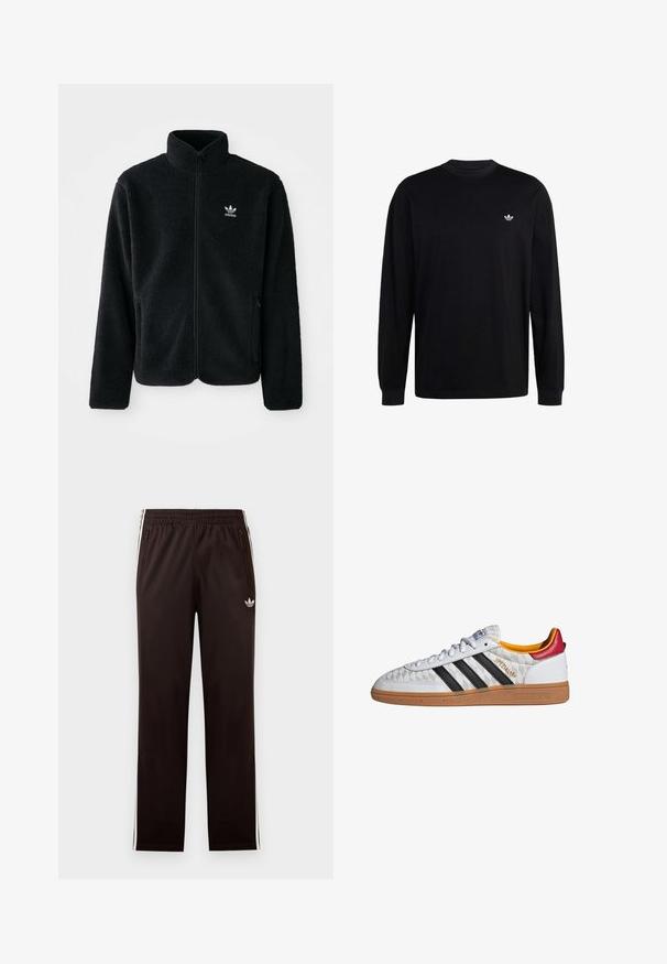 Black fleece jacket with high collar, zip front, and front pockets. Features textured fabric and small white logo on left chest.; Black long-sleeve crewneck shirt with small white Adidas trefoil logo on the left chest, ribbed cuffs, and a relaxed fit.; Black Adidas track pants with elastic waistband, white side stripes, zippered pockets, and small trefoil logo on left thigh.; White Adidas Spezial sneaker with black stripes, gum sole, quilted pattern, red heel tab, and yellow inner lining, side view.